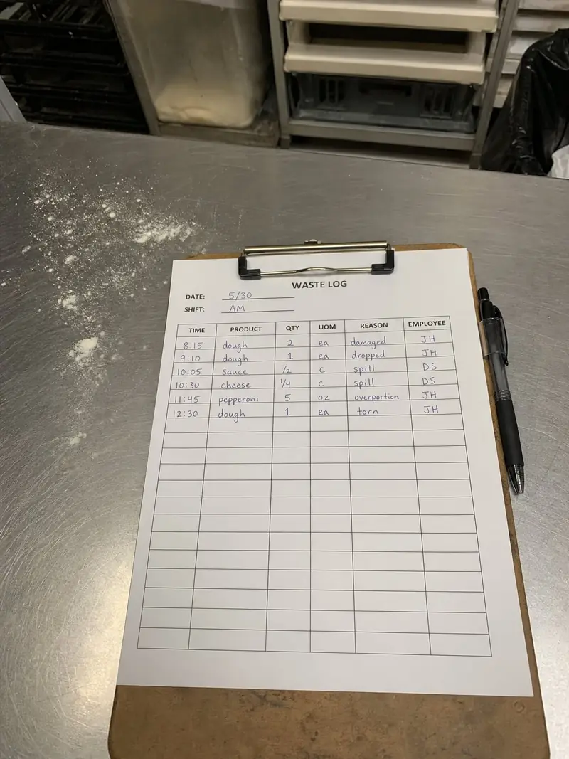 A clipboard with the store's paper waste log